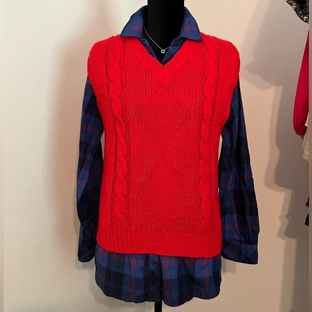 Men’s Vintage Sweater Vest red women’s XL academia preppy cable knit chunky knit